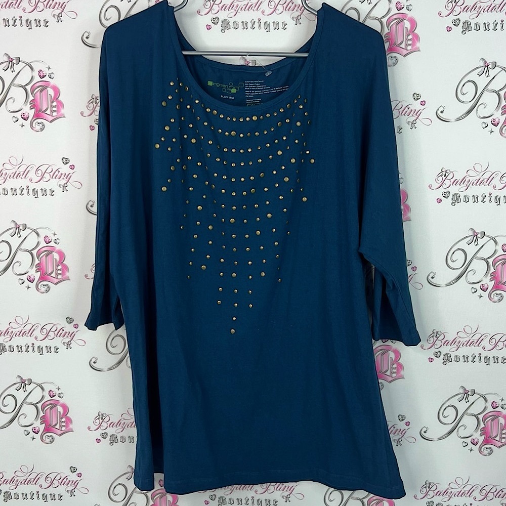 Ingreen long sleeve top organic cotton Chic Blue Blouse with Gold Details
